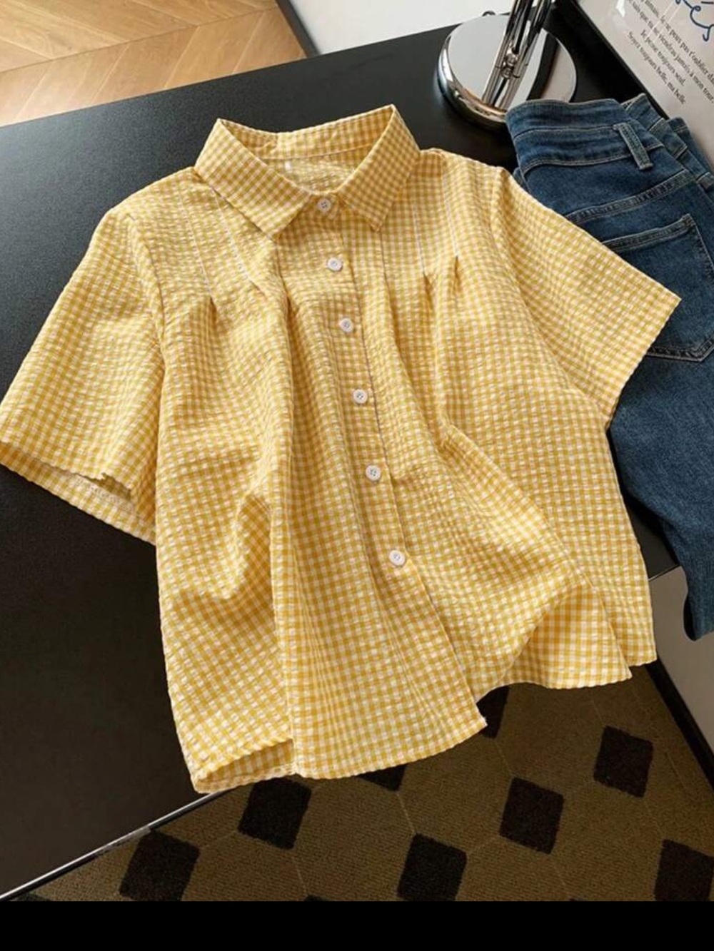 NWOT Inawly Style Sweet Lapel Loose Plus Size Women Yellow Plaid SS Shirt 2XL